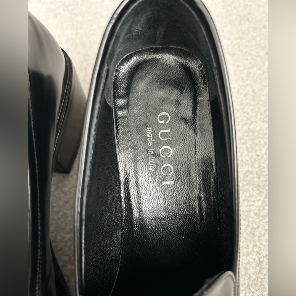Gucci Black Leather Block Heel Loafer With Silver Metal Size 37 /US 7 B With Box - Picture 12 of 13
